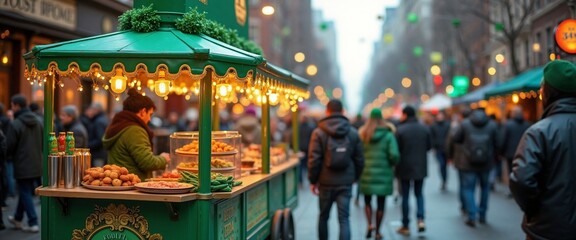 Naklejka premium Festive street market food stall, holiday atmosphere
