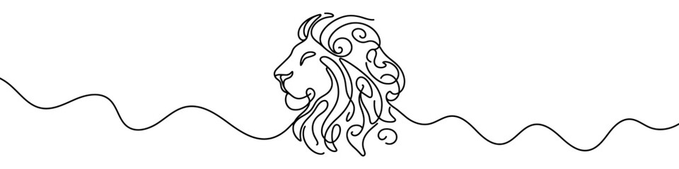 One continuous line illustration of a lion head, isolated on white background. Line art of lion head.