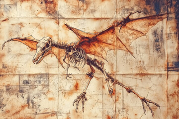 A detailed illustration of a skeletal structure of a winged creature, resembling a pterosaur or a dragon. 