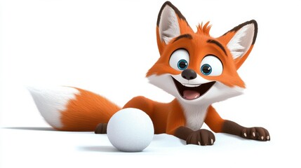 Fototapeta premium Cute Cartoon Fox Character Playfully Lying with Egg on Studio Background