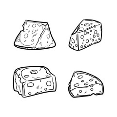 Hand-drawn cheese icon pack on a white background. Illustration of different types and sizes of cheese pieces. Cute cheese illustrations for your food product packaging