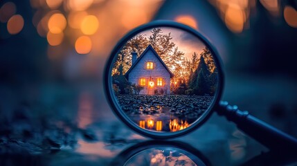 Close-up of a magnifying glass focusing on a cozy house at sunset, reflecting in water.