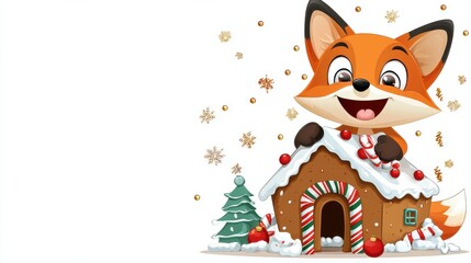 Fototapeta premium Cheerful Fox with Gingerbread House and Christmas Tree in Snowy Winter Landscape