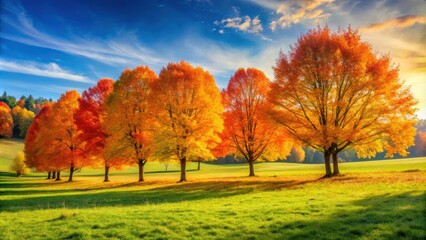 Vibrant autumn trees standing tall in a sunny meadow, foliage, colorful, seasonal, landscape, nature, sunny, bright, peaceful