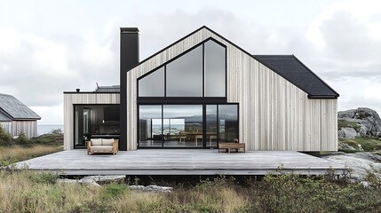 Obraz premium Modern Wooden House with Panoramic Windows