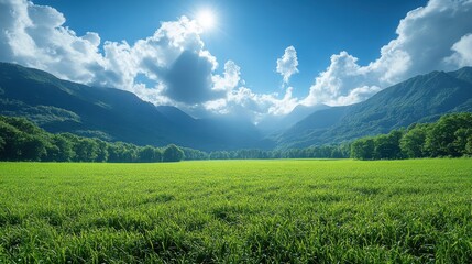 Fototapeta premium a green field with mountains and blue sky