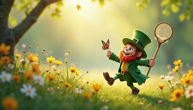 Joyful leprechaun chasing butterfly in meadow, Irish folklore