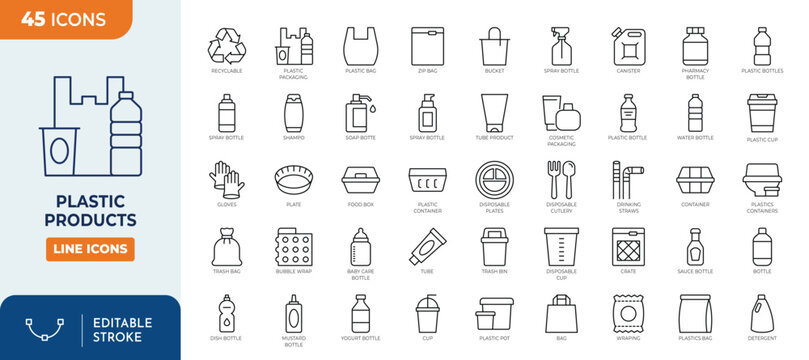 plastic product icon set. Plastic Package icon set. Outline Icon Collection. Vector illustration. Editable stroke	