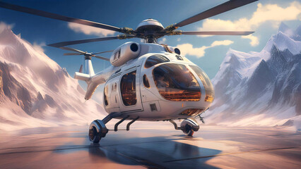Futuristic Helicopter in Snowy Mountain Landscape