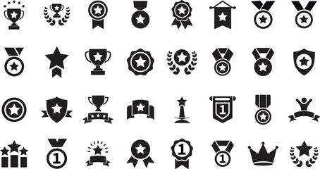 Award and winner icon set awards simple flat Medal vector collection. Containing medal ribbon, ribbon place badge, award, number, cup, star, trophy symbol isolated transparent background.