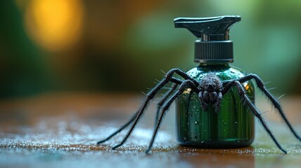 a green spray bottle with a black spider on it