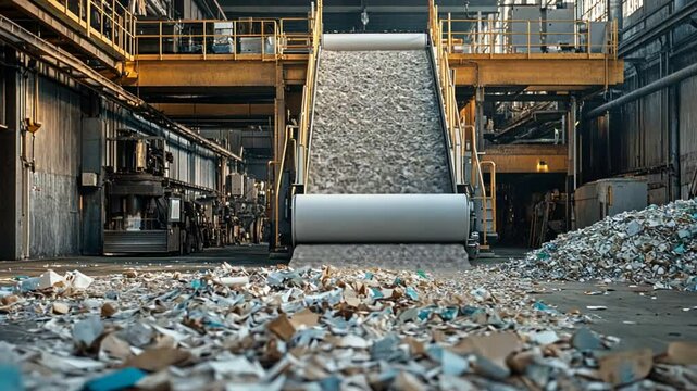 A high-tech recycling factory where waste paper is converted into fresh, usable paper rolls, showcasing modern sustainable production methods.