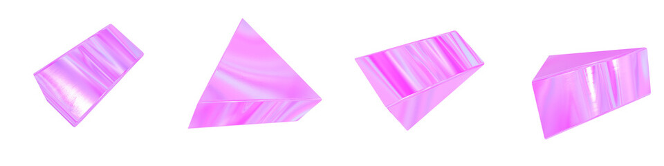 Set of 4 3d iridescent triangular prism isolated on a transparent background. Pink tone. 3d elements for graphic design.