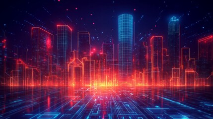 Fototapeta premium Futuristic cityscape at night, glowing buildings and digital network.