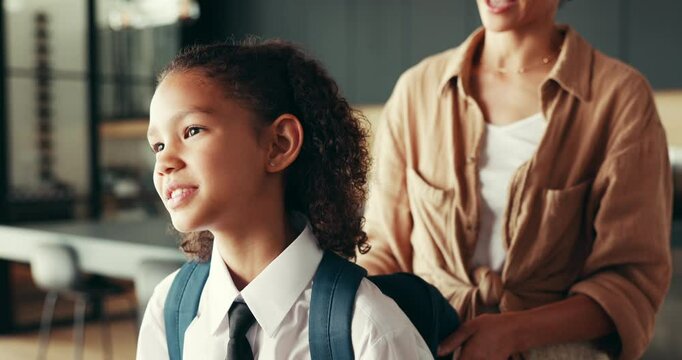 Help, backpack and mother with kid for school, support or hands pack to prepare for first day in home. Child, mom and student ready with bag for education, talk or morning routine of family learning
