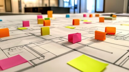 Detailed floor plans on a blueprint with highlighters and sticky notes marking changes, representing construction planning and design.