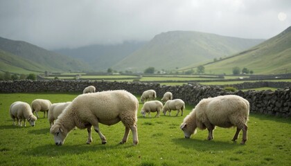 Fototapeta premium Sheep grazing in lush countryside, pastoral tranquility