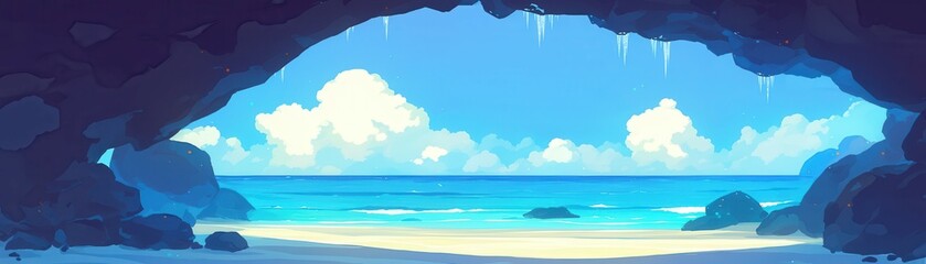 Obraz premium Wide winter banner. Seaside view from a cave with bright blue water and clouds.