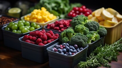 Stack of plastic containers with raw cut vegetables for freezing on kitchen table. Storage for winter storage in plastic containers 