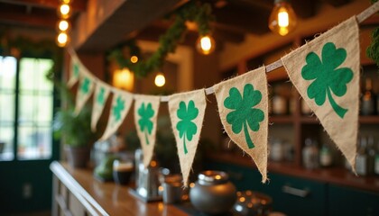 St. Patrick's Day shamrock bunting in cozy pub, Irish celebration