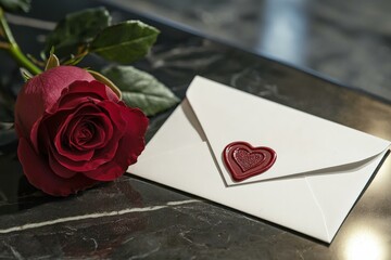 a white envelope sealed with a heart shaped wax seal next to a red rose on a table