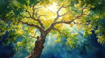Watercolor Illustration of a Tree Viewed from Below with Green Leaves and Sunlight Filtering Through the Foliage