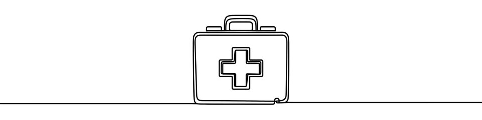 Minimalist vector illustration of a first aid kit, drawn with one continuous line