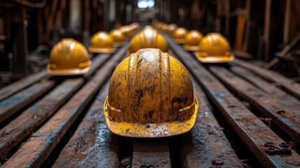 a group of yellow hard hats