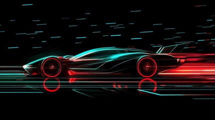Futuristic sports car speeding on dark road with neon lights.