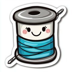 Adorable Kawaii Cartoon Spool of Thread with Needle, Smiling and Vibrant in Blue and Turquoise Design