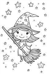 Fototapeta premium Flying Broomstick with Stars Coloring Page for Kids