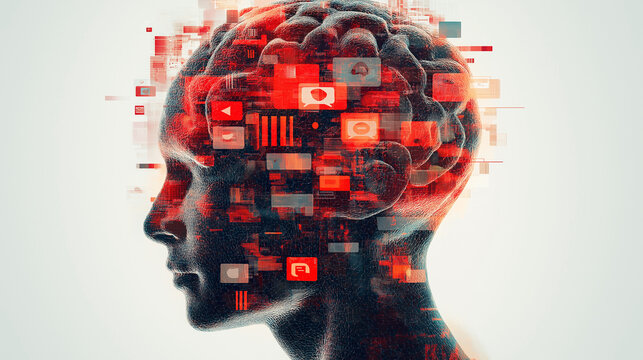 Brain rot internet communication concept. An artistic image depicting the concept of brain decay influenced by social media notifications, showcasing the impact of digital distractions.