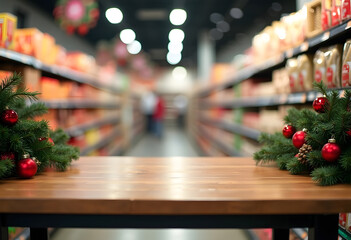 Festive New Year background of the store with an empty wooden table decorated with branches, lights...