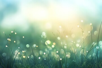 Fototapeta premium Magnificent morning light shines through soft grass and blooming flowers in a lush green field