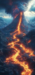Erupting volcano spewing glowing lava flow dynamic landscape nature photography volcanic environment aerial view captivating natural phenomenon