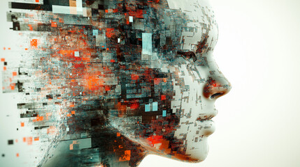 Brain rot internet communication concept. A surreal image depicting a brain transforming into a chaotic mass of corrupted data, symbolizing the fusion of technology and human cognition.