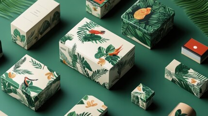 Tropical leaf and bird patterned boxes on green background.