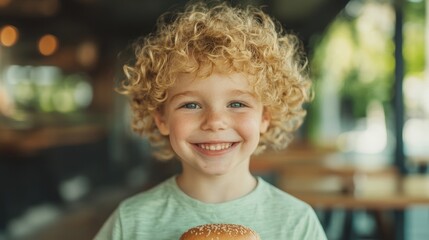 Naklejka premium A cheerful child with curly hair holding a sesame seed burger, radiating happiness in a bright and cozy restaurant setting.