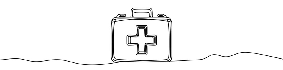 Minimalist vector illustration of a first aid kit, drawn with one continuous line