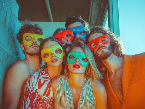 Group of Friends in Colorful Masks Posing Playfully, Capturing Vibrant Style and Mysterious Fun