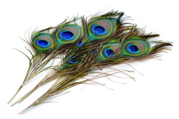 Obraz premium Exotic peacock feathers on white background with copy space.
