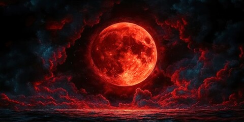 Blood Red Moon in Dark Cloudy Sky with Eerie Moonlight and Fantasy Horror Elements