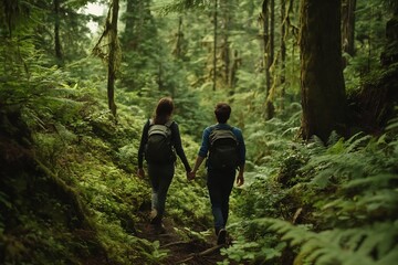 Fototapeta premium Couple Hikers Exploring Lush Green Forest Trail on Scenic Outdoor Adventure