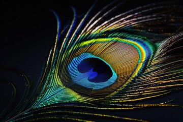 Obraz premium Close up of colorful peacock feather on black background. Glamour symbol.