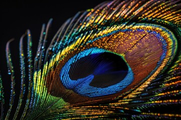 Obraz premium Close up of colorful peacock feather on black background. Glamour symbol.