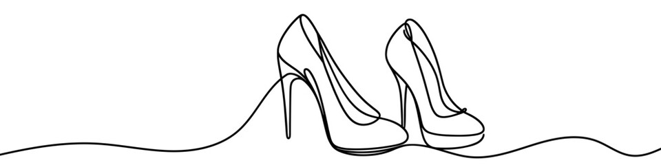 Elegant high heels shoes are drawn with one continuous line on a white background. Minimalist and fashionable illustration