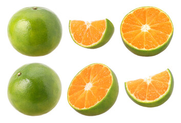 Close-up, Tangerine orange or Clementine, half and slices isolated, transparent PNG, PNG format, cut out