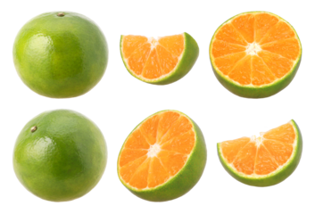 Close-up, Tangerine orange or Clementine, half and slices isolated, transparent PNG, PNG format, cut out