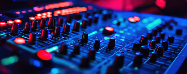 Fototapeta premium vibrant audio mixing console with illuminated controls and sliders, showcasing dynamic atmosphere for music production and sound engineering