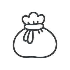 Kawaii Santa Claus bag icon. Hand drawn monochrome illustration of a rag-filled bag tied with a rope isolated on a white background. Cute Christmas sticker. Vector 10 EPS.